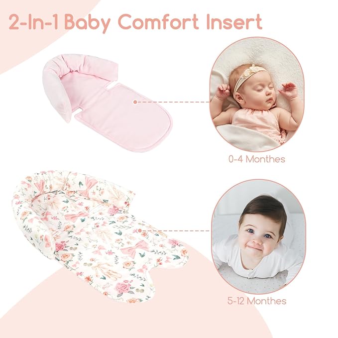 GFU Baby Car Seat Head Support for Newborn, 2 in 1 Infant Car Seat Head Body Support with Strap Pads, Soft Stroller Cushion Pillow Insert for Girls, Fits for Stroller, Swing, Pink Floral