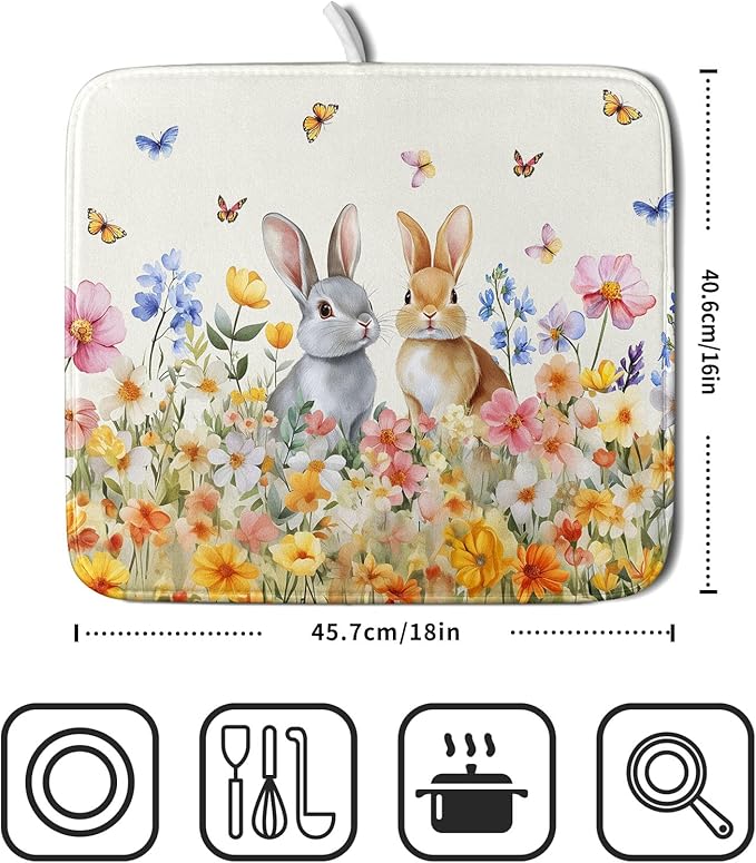 Spring Easter Rabbit Dish Drying Mat for Kitchen Counter,Colorful Flowers Butterflies Drying Mat 16 x 18 Inch with High Absorbent Microfiber Drainer Mat for Coffee Bar