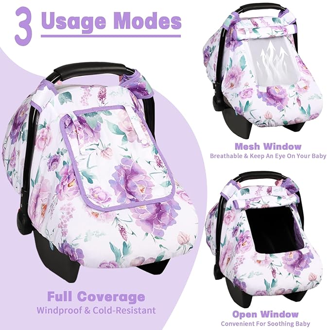 Car Seat Cover Baby, HNHUAMING Infant Car Seat Covers Canopy for Baby Girl Boy, Cozy & Windproof Newborn Carseat Covers Minky Dot Backing Stroller Cover with Breathable Mesh Window, Purple Flower
