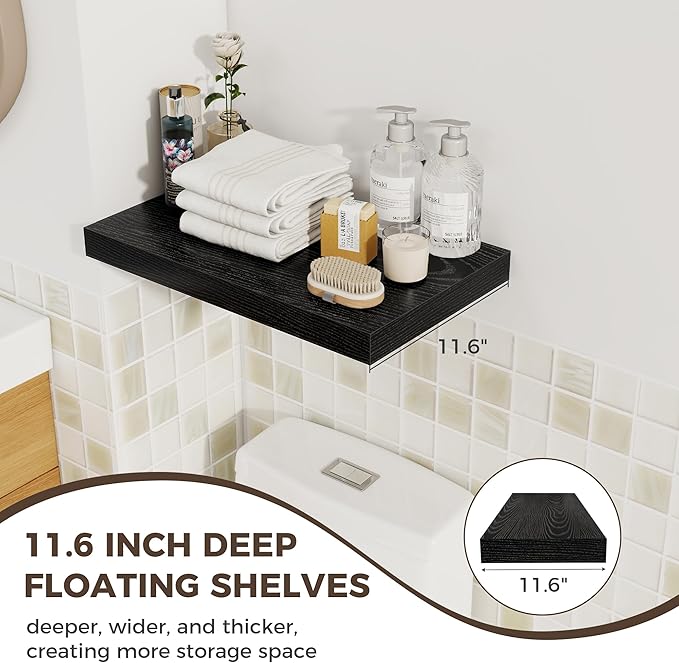 Fun Memories 12 Inch Deep Floating Shelves for Wall, 20 Inch Long Wall Mounted Storage Shelf with Invisible Brackets, 3 Pack Hanging Wood Shelf for Farmhouse, Bedroom, Kitchen, Living Room, Black