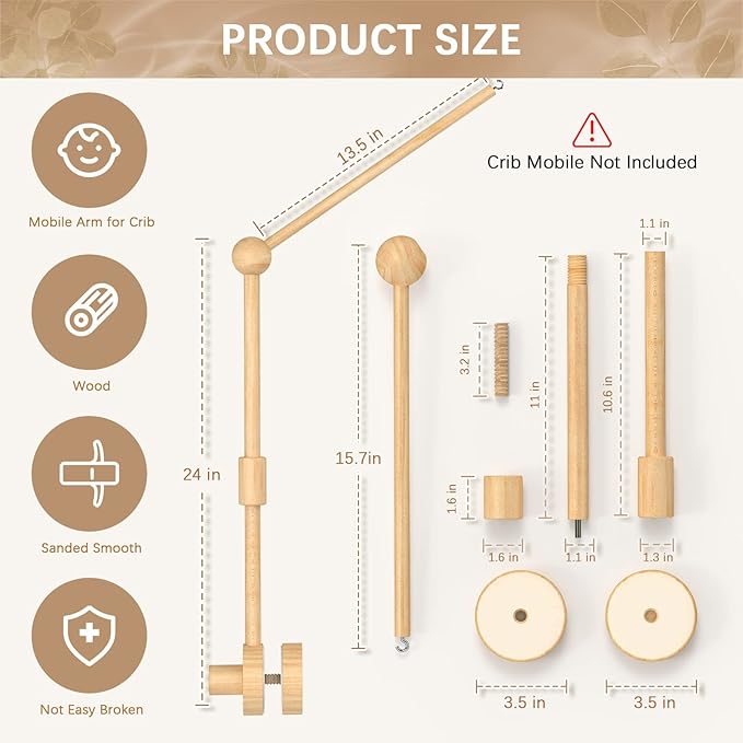 FEISIKE Baby Crib Mobile Arm, Mobile Arm for Crib Baby Mobile Hanger for Crib Nursery Decor Girls Boys Baby Crib Mobile Holder Arm Hanging Wooden Decoration Attachment Newborn 34 inch