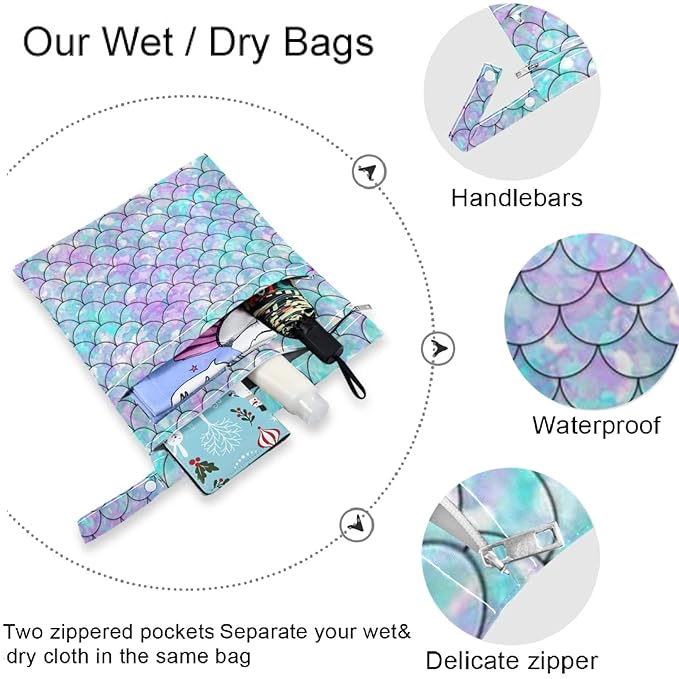 visesunny 2Pcs Wet Bag with Zippered Pockets Beautiful Rainbow Mermaid Scale Washable Reusable Roomy for Travel,Beach,Pool,Daycare,Stroller,Diapers,Dirty Gym Clothes, Wet Swimsuits, Toiletries