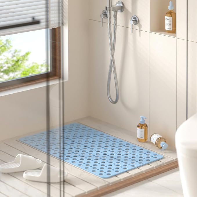 HITSLAM Bathtub Mat Non Slip, 30 x 17 Inch TPE Bath Mat for Tub, Efficient Drainage Bathroom Shower Mat with Suction Cups, Bath Tub Mat, Soft on Feet and Easy to Clean, Blue