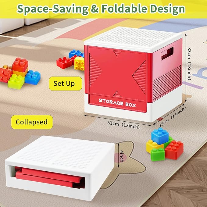Folding 2-in-1 Storage Box with Large Building Lid for Blocks, Toys Collapsible Storage Bin, Multifunctional Organizer Box for Organizing Brick, Bead, Tool, Sewing and Toys(Red)