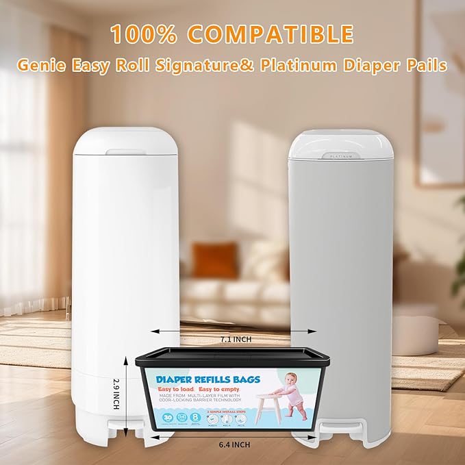 Diaper Pail Refills with 30 Bags Compatible with Genie Easy Roll Signature Diaper Pail and Platinum Diaper Pail, Hold Up to 1400 Newborn-Sized Diapers Per Refill,2 Packs(60Bags)
