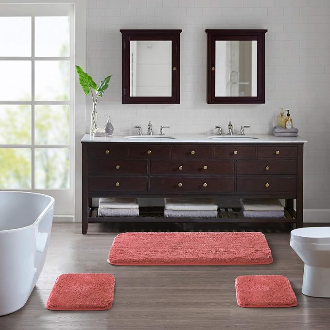 Suchtale Non Slip Bath Mats - Soft Microfiber Shaggy Bath Mat, Machine Washable, Thick Plush, Absorbent, 16 x 24 Living Coral
