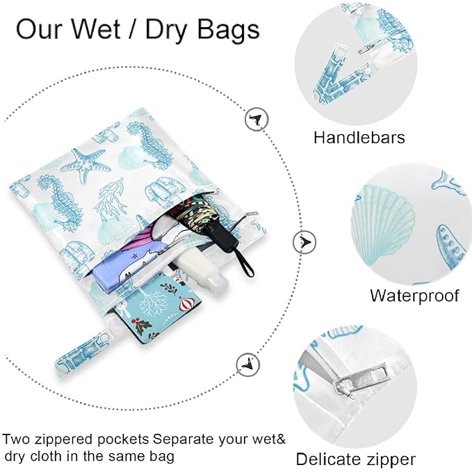 visesunny Blue Starfish Seahorse Seahouse 2Pcs Wet Bag with Zippered Pockets Washable Reusable Roomy for Travel,Beach,Pool,Daycare,Stroller,Diapers,Dirty Gym Clothes, Wet Swimsuits, Toiletries