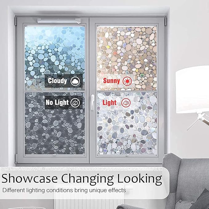 rabbitgoo Window Privacy Film, Decorative Rainbow Window Clings for Glass Covering, Static Cling Non Adhesive Door Stickers UV Blocking, Stained Glass Vinyl Decal, 3D Pebble, 35.4 x 78.7 inches
