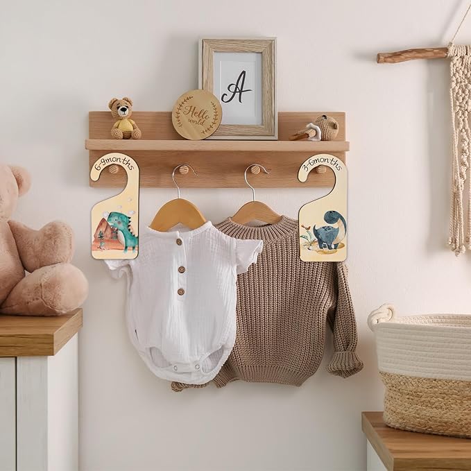 Whaline 8Pcs Baby Closet Size Dividers Dinosaur Theme Design Hanging Wooden Baby Closet Organizer Newborn to 24 Months Thicken Baby Wardrobe Organizer for Home Nursery Baby Clothes Decor