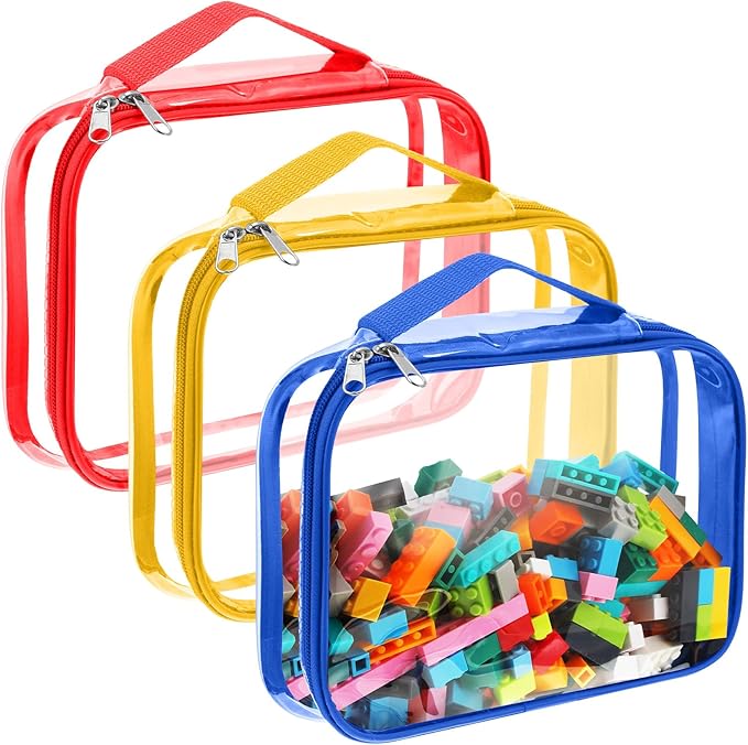 Sanwuta 3 Packs Toy Storage Bags with Zipper, Clear PVC Organizing Waterproof Toy Bags for Board Games, Building Blocks, and Kids Books(12.6 x 9 x 2.36 Inch,Red, Blue, Yellow)