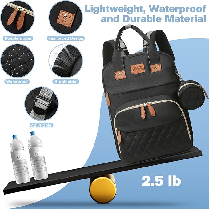 JSTPRO Diaper Bag Backpack, Large Diaper Bag with Changing Station, Baby Bag, New Mom Gifts, Lightweight Waterproof Unisex Diaper Bag with Insulated Pockets and USB Charging Port, Black