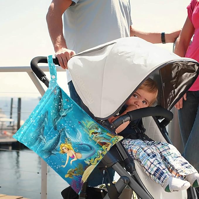 visesunny Cartoon Ocean And The Mermaid In Underwater Kingdom Swimming With Whales 2Pcs Wet Bag with Zippered Pockets Washable Reusable Roomy for Travel,Beach,Pool,Daycare,Stroller,Diapers,Dirty Gym C