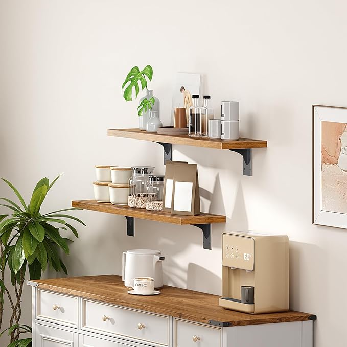 HOOBRO Floating Shelves for Wall, 23.6" Wall Mounted Shelves Set of 2, Hanging Storage Shelf with Metal Brackets, Wooden Shelf for Living Room, Bedroom, Bathroom, Rustic Brown and Black BF62BJP201G1