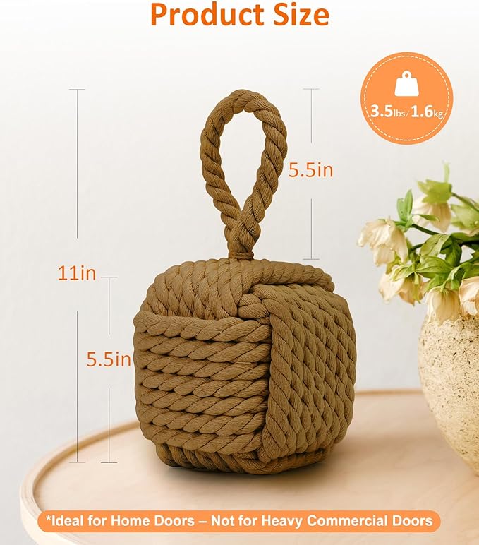 2Pack Decorative Door Stoppers - Cute Rope Knot Design, Heavy Duty Weighted Doorstop with Inside Mount for Home & School, Khaki
