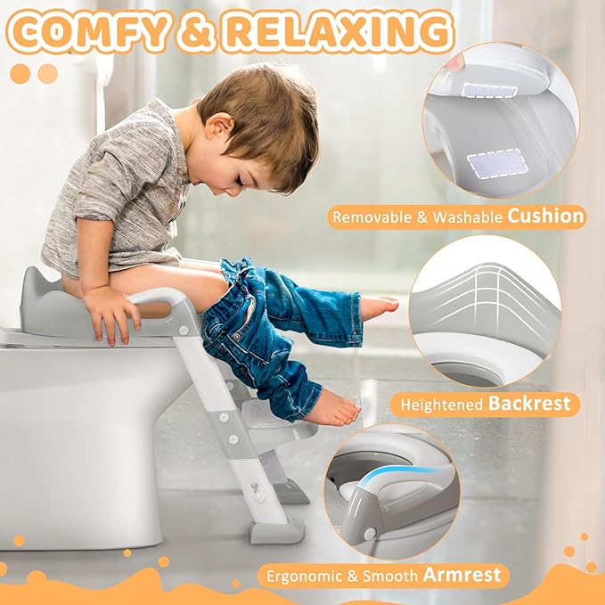 Potty Training Seat with Step Stool, Toddler Toilet Seat w/Ladder, Potty Training Chart, Splash Guard & Upgraded Non-Slip Pads, Kids Foldable Training Toilet Potty Chair for Boys Girls (Gray)