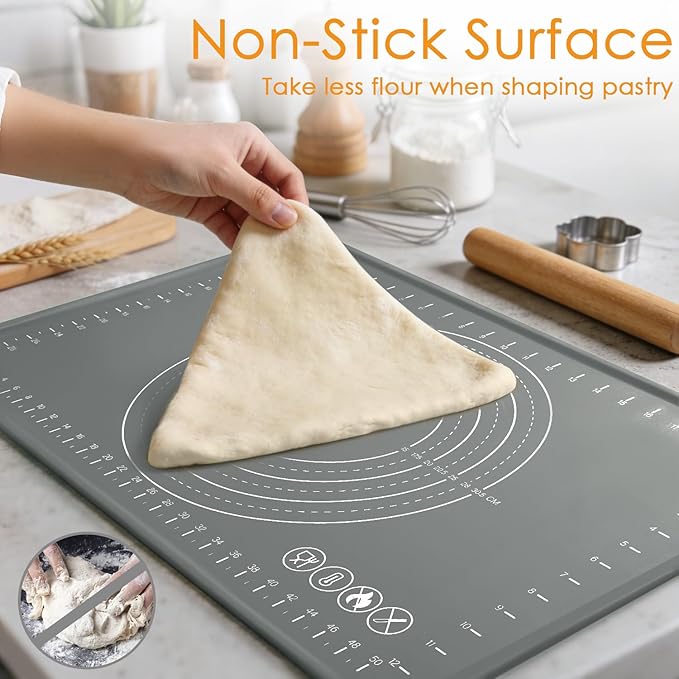 Silicone Pastry Mat 24" x 16" Baking Mat with Measurements and Edge Heightening, Thick Non-slip Food Grade Silicone Pad for Countertop Rolling Kneading Dough, Bread, Cookies,Pizza, Fondant,Dark Gray