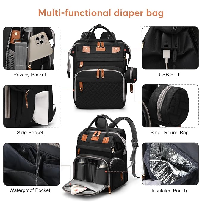 JKJRJJ Diaper Bag Backpack with Changing Station, Large Diaper Bag For Boys And Girls, Multifunctional Waterproof Travel Diaper Backpack, Baby Bag with USB Charging Port for Moms Dads,black
