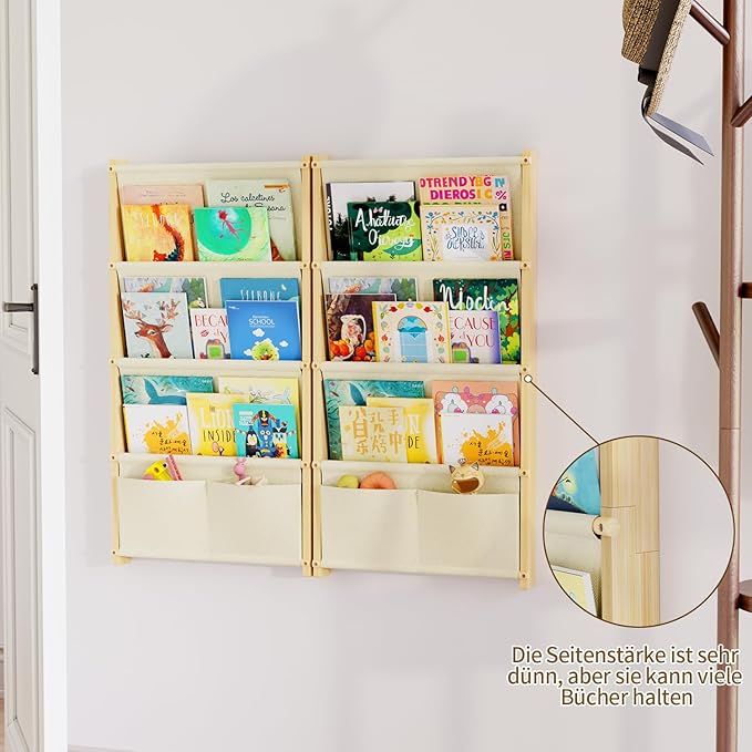 Wood 4-Tier Wall Mounted Kids Bookshelf – Floating Book Shelf For Kids Rooms,Nursery & Classroom, Hanging Bookcase Organizer For Books, Nursery Shelves, Toddler Book Shelf, Montessori Bookshelf 2Pack