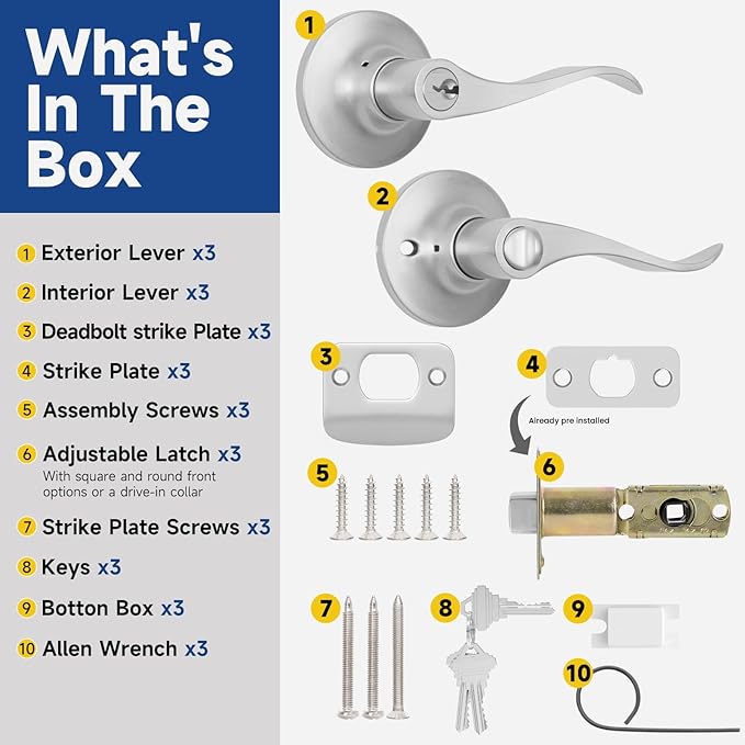 Keyed Entry Door Lever, Door Handle with Lock and Key, Exterior ＆ Interior Door Handle for Bedroom, Wave Style Lever Satin Nickel, Reversible for Left/Right 3 Pack