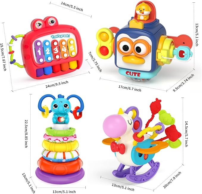 usrela 4 in 1 Baby Toys for 6 12 18 Month, Learning Toys for Babies 6-12 Months, Busy Cube, Stacking Sorter, Piano Xylophone Pull String Travel Toy, Birthday Gifts for Toddlers 1 2 Years Old