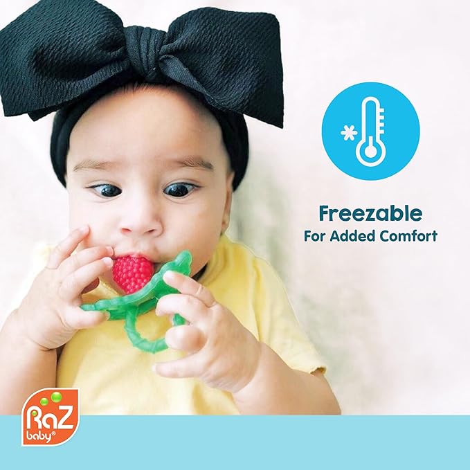 RaZbaby RaZberry Silicone Teether Pacifier – Teething Relief for Infants 3m+, Food-Grade, BPA-Free, Hands-Free, Natural Berrybumps Fruit Texture for Sensory Development, Freezable 2-Pack, Blue & Grey