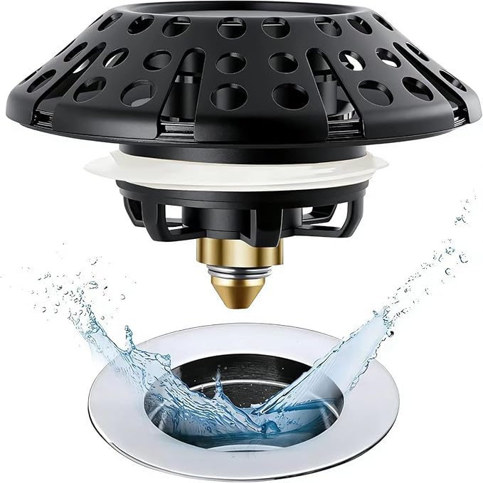 AzWzz Bathtub Drain Stopper, Pop Up Tub Stopper Plug with Bathtub Drain Hair Catcher Cover, Universal for 1.45 in to 1.8 in Tub Drain, Matte Black