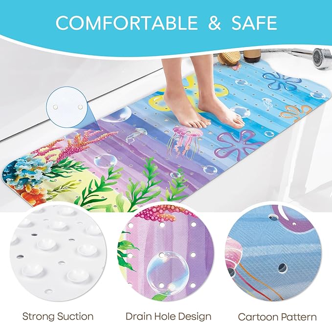 SHUCHING Beach Ocean Sea Baby Bath Mat for Tub Non Slip-40 X 16Inch, Kids Bathtub Mat Anti Slip, Toddler Long Shower Mat for Bathroom Mold Free, Machine Washable