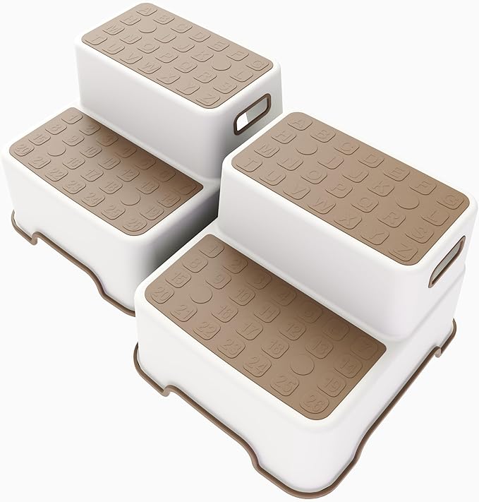 ZLMHYYM Toddler Step Stool for Bathroom sink, 2 Pack Step Stool for Kids, Plastic Potty Training Toilet Stepping Stools, Child and Baby Lightweight&No-Slip Two Step Stools for Kitchen(Off-White/Khaki)