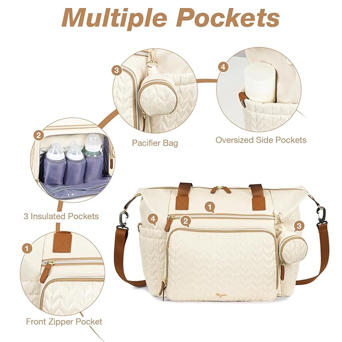 Tonyeee Diaper Bag Tote, Large Baby Diaper Bags Waterproof, Hospital Bag for Labor Delivery with Pacifier Case, Changing Pad, Shoulder Strap, Beige