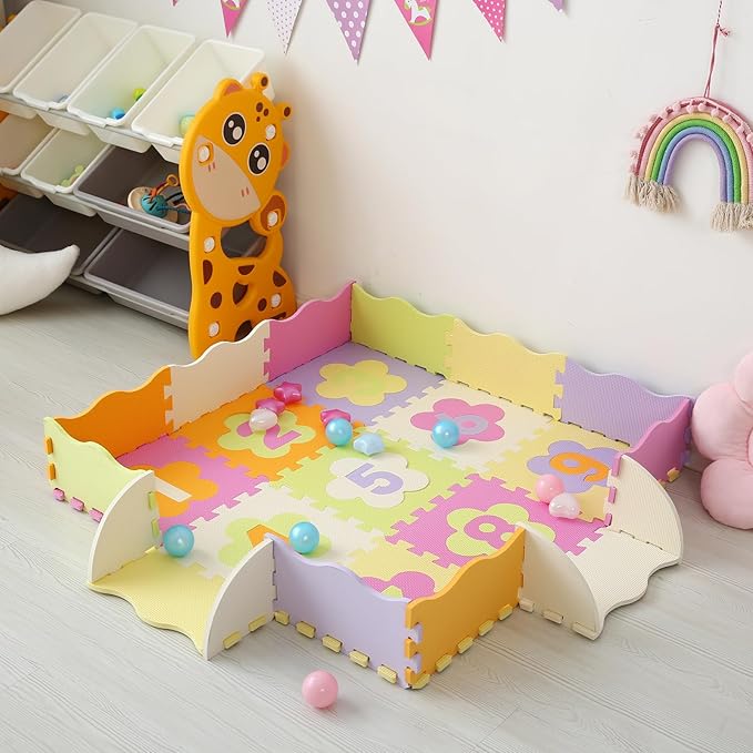 Tamiplay Foam Play Mat for Kids，25Pcs Square Interlocking Puzzle Floor Mat，Baby Play Mat Floor Mat Foam Puzzle Playmat for Toddlers with Fence（Number-CSH011