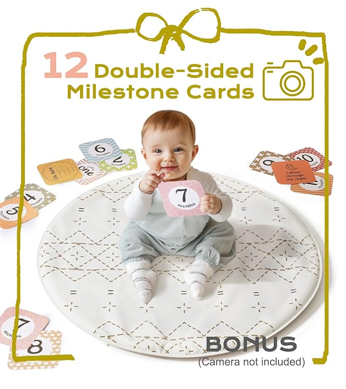 Little Dove Tummy Time Mat with 6 Toys, Macrame Baby Play Mat for Newborn, Baby Gym with 12 Milestone Cards, Stage-Based Sensory and Motor Skill Development Baby Play Gym, Non Slip Mat Washable, Khaki