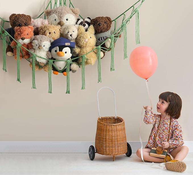 Stuffed Animal Hammock Corner Net for Toys Storage Hanging Stuff Animal Organizer Holder Matcha Green Room Bedroom Nursery Decor Organization