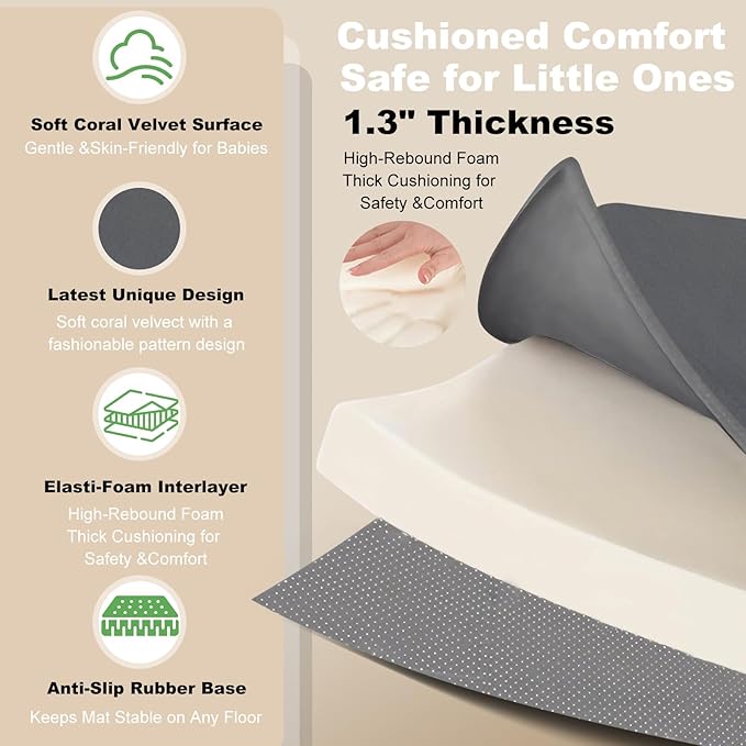 Baby Play Mat for Floor, 1.3" Thick Elasti-Foam Baby Play Mat, 50x50 Playpen Mat for Toddlers Infant Kids, Water Repellent Soft Coral Velvet Crawling Mat for Floor, Non-Slip Backing Safe Dark Grey