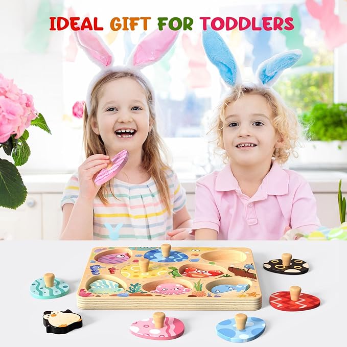 Zeoddler Wooden Puzzles for Toddlers, 8 Pcs Sea Animal Matching Egg Puzzle, Montessori Toys for Boy Girl Easter Birthday Gifts, Preschool Learning Activities & Educational Toys for Boys, Girls