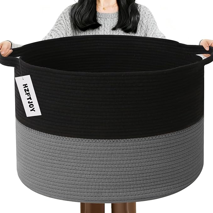 Large Storage Basket with Handle,23.6" x 23.6" x 15.7" Blanket Basket Storage Bins for Organizing,115L Cotton Rope Woven Baskets for Living Room, Nursery,Bedroom,Black&Dark Grey