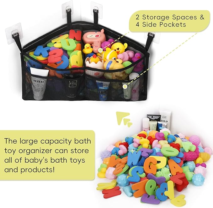 Goowin Bath Toy Organizer, Triangle Corner Bath Toy Storage, Quick Access Bath Toy Holder for Bathtub, Large Capacity Bath Storage for Toys, Quick Dry Mesh Toy Holder for Bath Hanging (Black)