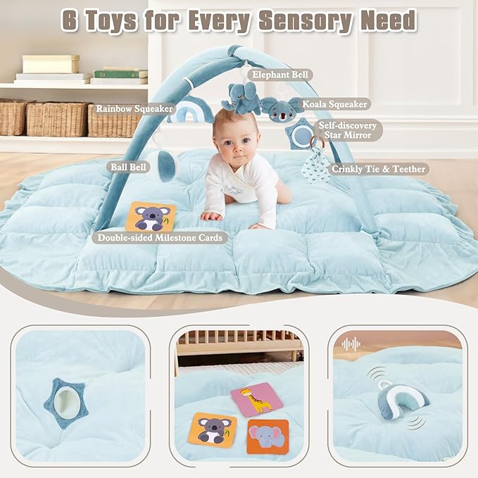 5-in-1 Plush Baby Play Gym, Baby Play Mats, Convertible Baby Gym, Tummy time mat, 6 Sensory Toys, Activity Center, Ball Pit, Blue