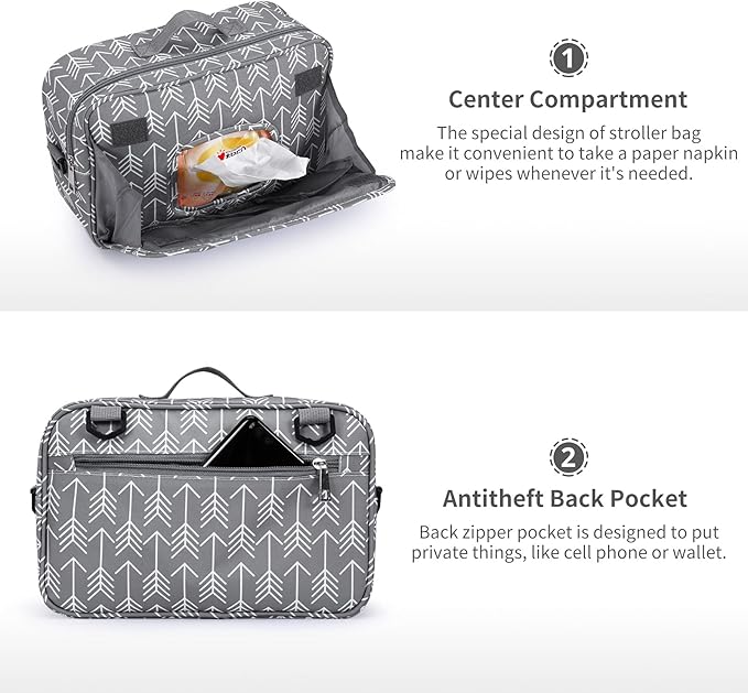 Universal Stroller Caddy Accessories All-in-One Baby Organizer with Insulated Pocket,Capacity for Diapers, Toys & Snacks, Dark Gray