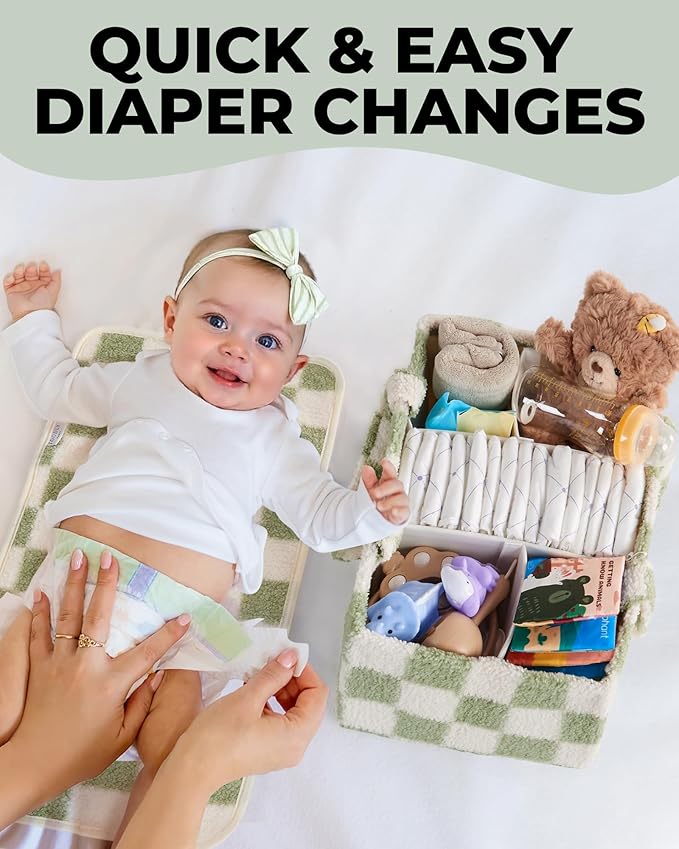Toodly Checkered Diaper Caddy Organizer with Portable Changing Mat - Teddy Fleece Diaper Organizer for Changing Table - Caddy Organizer with Removable Dividers - Green and White
