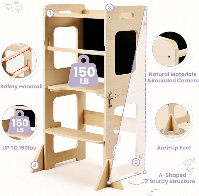 labebe Toddler Standing Tower for 12M+, Montessori Foldable Learning Standing Tower with Blackboard, Anti-tip Structure Design,Wooden Kitchen Step Helper Stool for 1-3 Year Old Boy Girl Gift