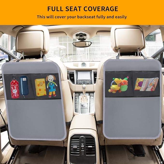 Zecirl 2 Pack Kick Mat Backseat Protector,Back Seat Cover for Kids,Car Seat Back Protectors with 2 Pocket Storage Organizer for Car, SUV, Minivan or Truck Seats (Grey)