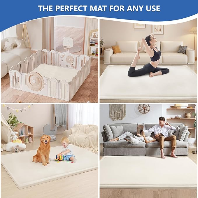Huloo Sleep Ultra Soft Baby Play Mat for Floor,1.3" Thick Elasti-Foam 47x47 Play Mat for Playpen,Water-Repellent Coral Velvet for Tummy Time, Non-Slip Backing Safe for Toddlers & Infants（Cream）