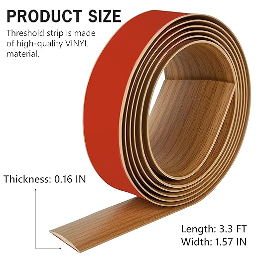 3.3Ft Floor Transition Strip Self Adhesive Vinyl Cover Floor Strip Flat Divider Transition Strip Wood Grain Design for Laminate Floor Gaps and Doorway Transitions (3.3Ft x 1.57 Inch, Light Brown)