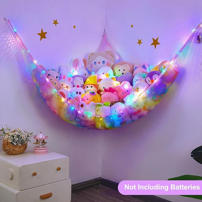Unicorn Castle Stuffed Animals Net or Hammock Kids Toy Storage Organizer with LED Light Hanging Corner Stuffed Animals Holder Kids Girls Room Decor,Rainbow-A,XLarge (Pack of 1)