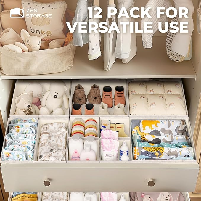ZenStorage Cotton Linen Drawer Organizer for Baby Clothes, 12Pack Foldable Nursery Dresser Divider, Multi-Size Set Dresser Drawer Organizer for Nursery, Bedroom and Closet, Beige