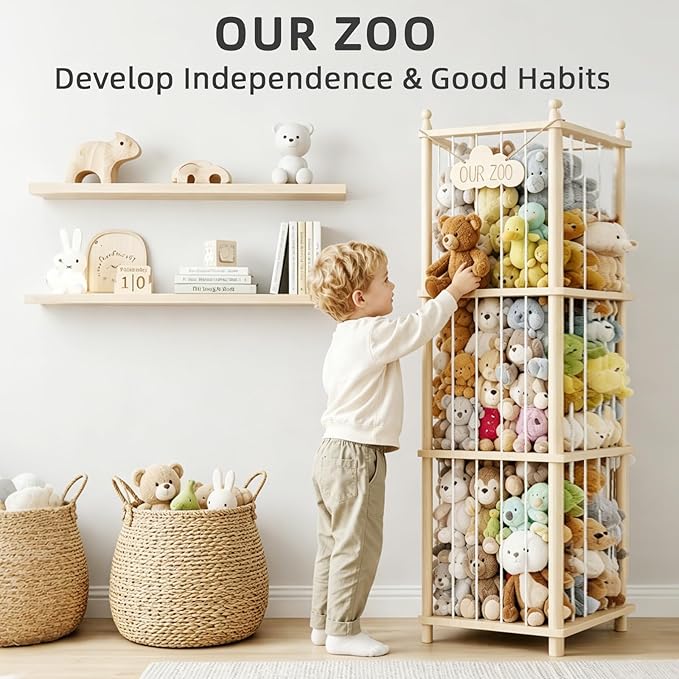 Stuffed Animal Storage Zoo - 54 Inch Large Wooden Toy Organizer | Anti-Tip Design Plushie Storage Rack for Nursery & Playroom | Easy Assembly