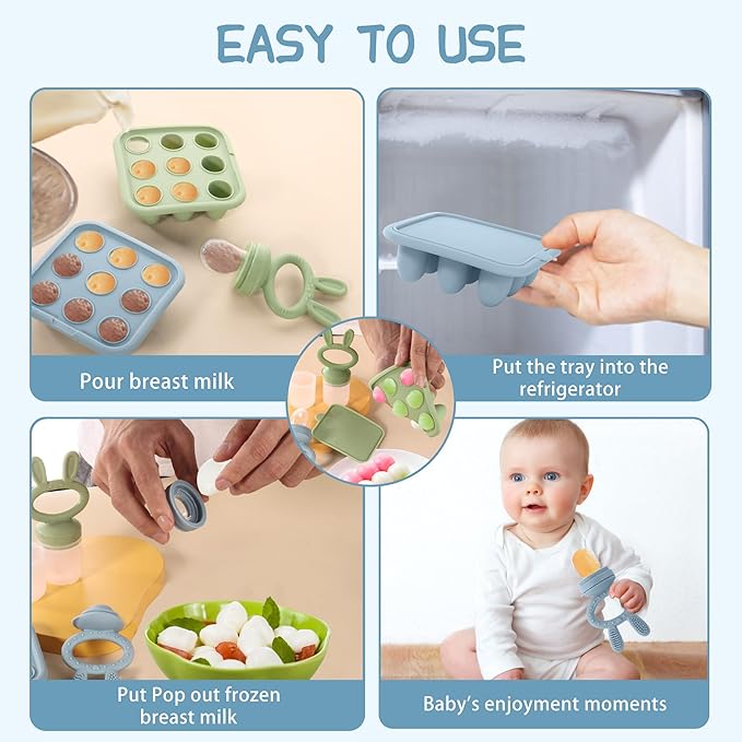 Baby Breastmilk Popsicle Molds & Babies Fruit Feeder (3 Pack), Infant Food Freezer Tray Storage Containers, Silicone Teething Pacifier Feeder and Teether for Babies,Baby Feeders - Blue