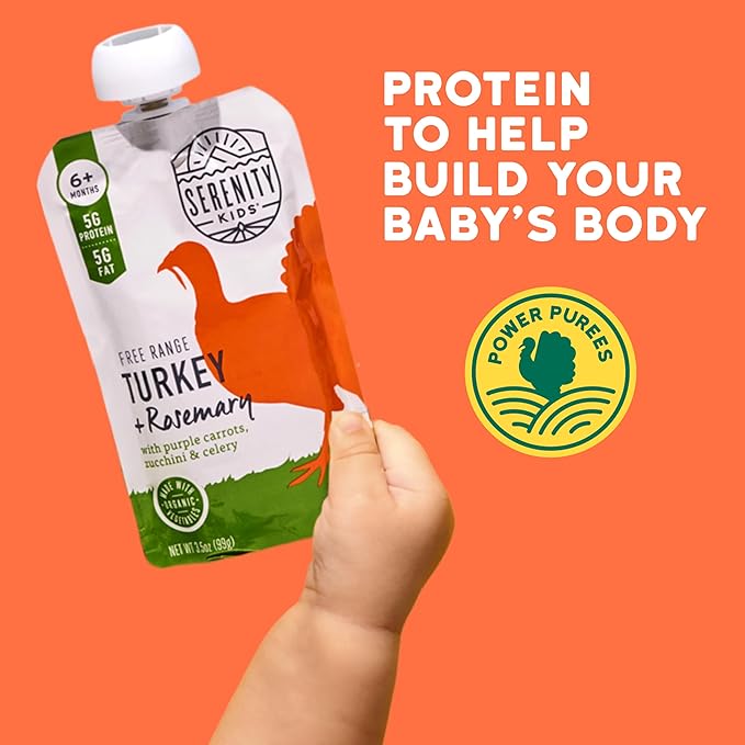 Serenity Kids 6+ Month Baby Food Puree Pouch - 3.5 Oz, Pack of 6, Turkey & Rosemary - Organic Zucchini & Carrot Pouch - No Added Sugar Turkey Meat Puree for Baby Snacks