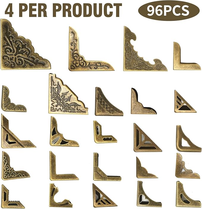 96PCS Metal Book Corner Protector, 24 Styles Iron Guard Edge Cover, Vintage Metal Decorative Cover Pad, for School Book Album Scrapbook Notebook, Desk Jewelry Case Box Gifts (Package A)