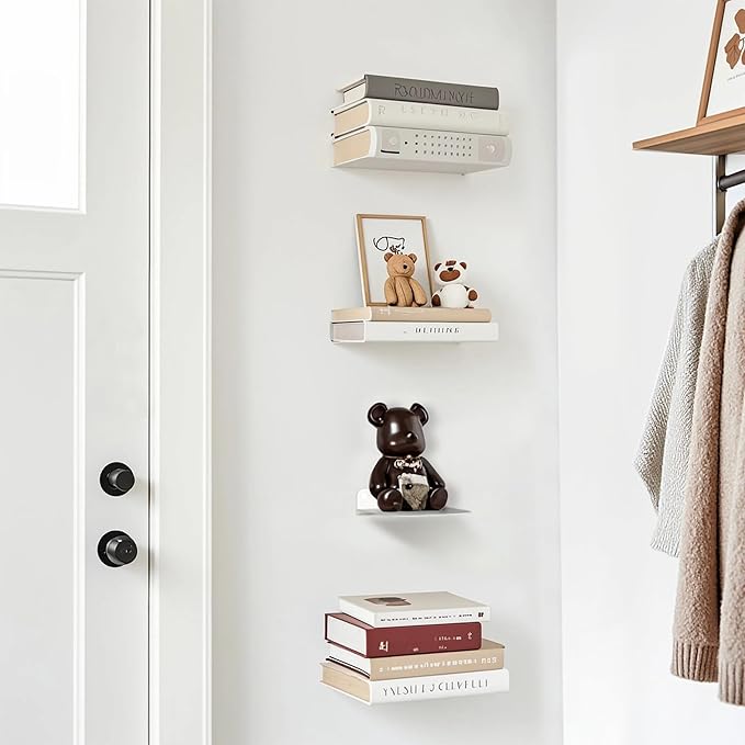 STORAGE MANIAC Floating Book Shelves for Wall Mounted Invisible Floating Bookshelves Heavy-Duty Steel Hidden Bookshelf Hanging Bookshelves for Bedroom Living Room Office, White 4-Pack